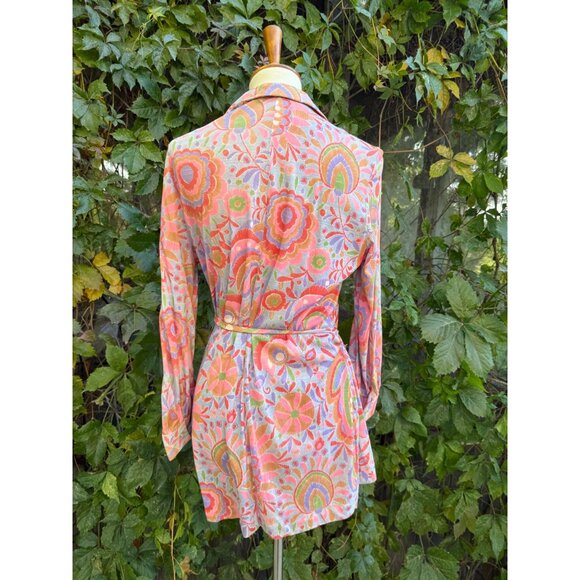 70s Rainbow Floral Psychedelic Tunic Wrap Dress Dagger Collar Volup - Picture 7 of 13